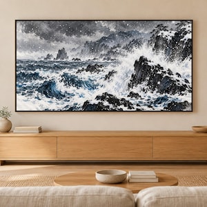 Onde invernali su rocce nere, opera d'arte giapponese a inchiostro sumi (download digitale 4K) immagine 1