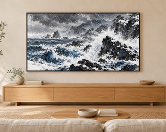 Winter Waves on Black Rocks, Japanese Sumi Ink Art (4K Digital Download)