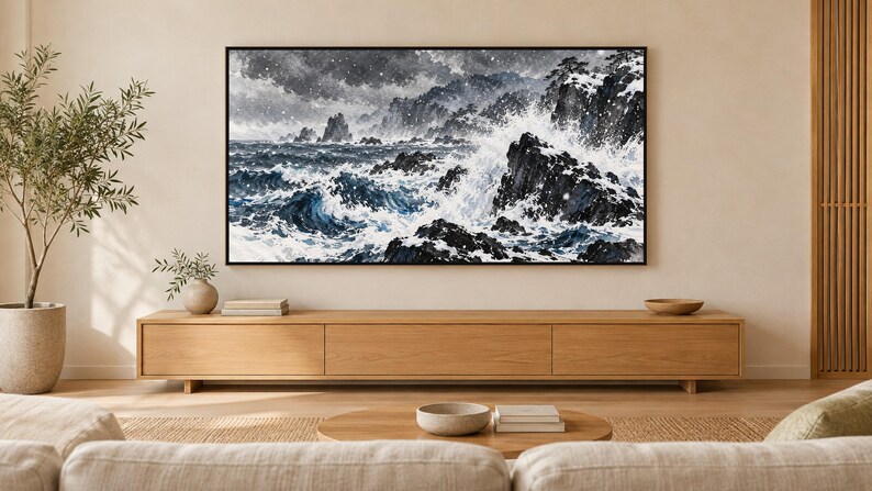 Onde invernali su rocce nere, opera d'arte giapponese a inchiostro sumi (download digitale 4K) immagine 1