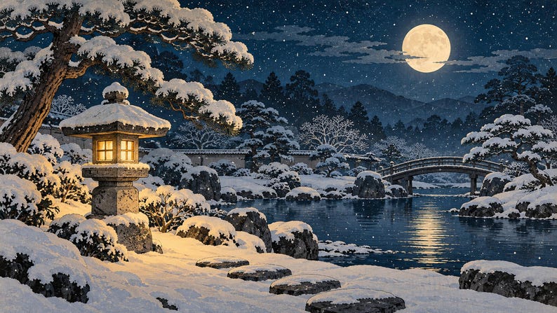Snowy Garden Lantern at Night Frame TV Art, Japanese Wall Decor, 4K Digital Download (3 Formats) image 6