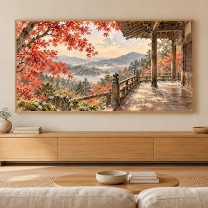 Höstlönntempel Kyoto Ram TV-konst, japansk väggkonst, 4K digital nedladdning, 3 format bild 1
