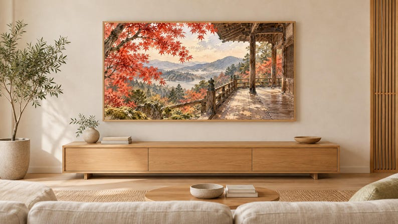 Höstlönntempel Kyoto Ram TV-konst, japansk väggkonst, 4K digital nedladdning, 3 format bild 1