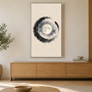 Enso Maan Nacht Inktlijst TV Kunst, Japandi Zen Muurkunst, 4K Digitale Download, 3 Formaten afbeelding 3