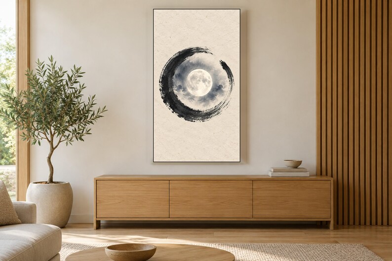 Enso Maan Nacht Inktlijst TV Kunst, Japandi Zen Muurkunst, 4K Digitale Download, 3 Formaten afbeelding 3
