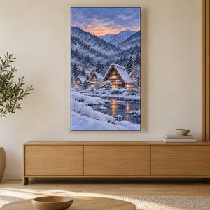 Cuadro decorativo nocturno con imagen de un pueblo nevado con techo de paja, arte mural japonés, descarga digital 4K, 3 formatos. imagen 3