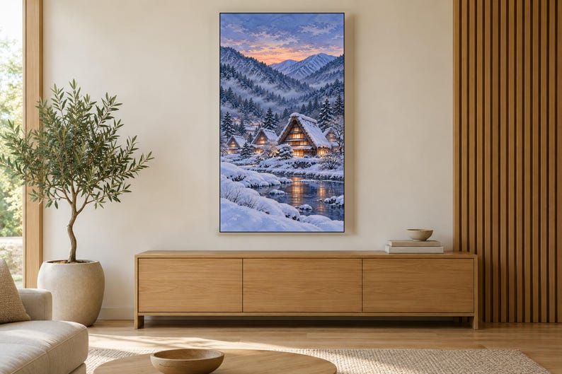 Cuadro decorativo nocturno con imagen de un pueblo nevado con techo de paja, arte mural japonés, descarga digital 4K, 3 formatos. imagen 3