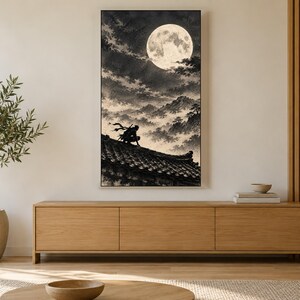 Ninja on Moonlit Rooftop Ink Frame TV Art, Japanese Wall Art, 4K Digital Download, 3 Formats image 3