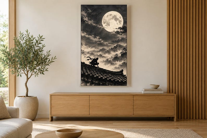Ninja on Moonlit Rooftop Ink Frame TV Art, Japanese Wall Art, 4K Digital Download, 3 Formats image 3