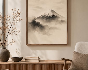 Mount Fuji Printable Wall Art, Japanese Sumi Ink Landscape Print, Minimalist Japandi Decor (Instant Download)