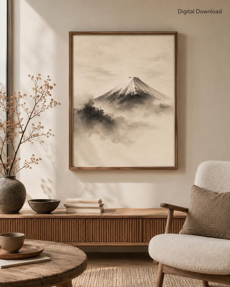 K&ouml;nnte beinhalten: Ein gerahmter Wandkunstdruck mit einer Illustration im monochromen Tusche-Stil, die einen schneebedeckten Berggipfel &uuml;ber den Wolken zeigt. Das Kunstwerk ist in der oberen rechten Ecke mit Digital Download beschriftet und stellt eine Landschaft dar.