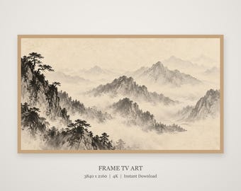 Misty Mountain Ink Landscape Frame TV Art, Japandi Zen Wall Art, 4K Digital Download, 3 Formats
