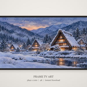 Cuadro decorativo nocturno con imagen de un pueblo nevado con techo de paja, arte mural japonés, descarga digital 4K, 3 formatos. imagen 5