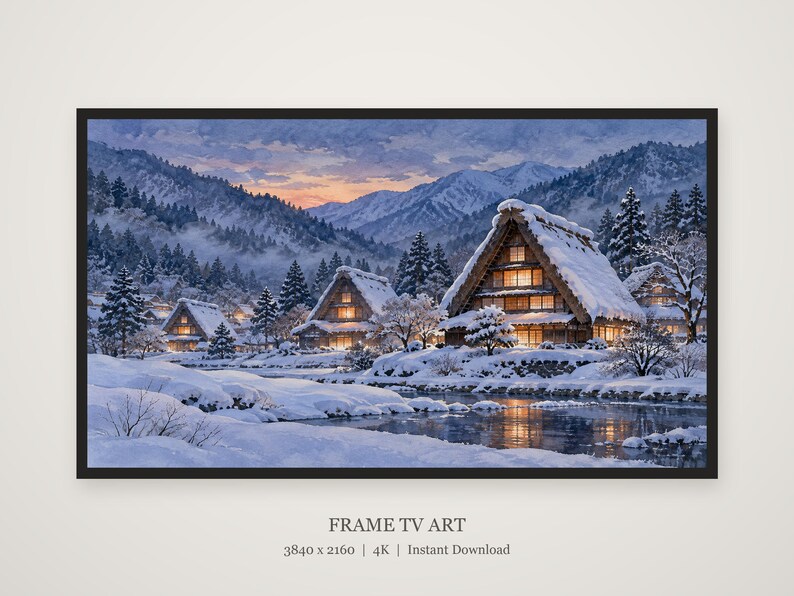 Cuadro decorativo nocturno con imagen de un pueblo nevado con techo de paja, arte mural japonés, descarga digital 4K, 3 formatos. imagen 5