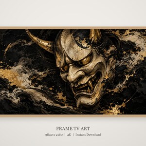 Hannya Mask Ink and Gold Frame TV Art, Japanese Wall Art, 4K Digital Download, 3 Formats image 4