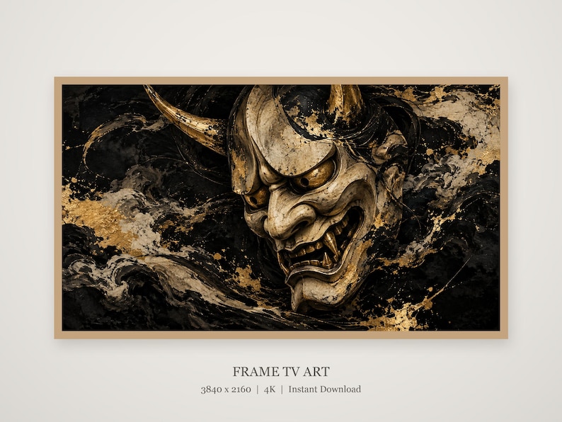 Hannya Mask Ink and Gold Frame TV Art, Japanese Wall Art, 4K Digital Download, 3 Formats image 4
