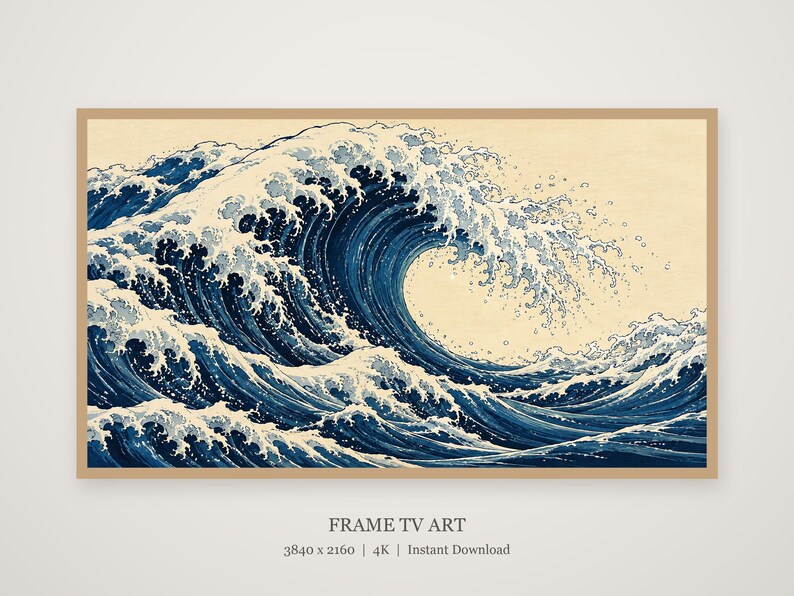 Arte para televisión Indigo Wave, estilo grabado japonés en madera, descarga digital 4K. imagen 4