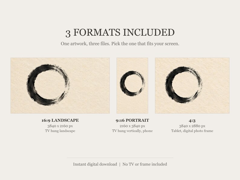 Enso Circle Zen Ink Frame TV Art, Japandi Zen Wall Art, 4K Digital Download, 3 Formats image 2
