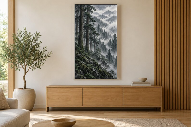 Moody Cedar Forest in Rain Frame TV Art, Japanese Wall Decor, 4K Digital Download (3 Formats) image 3