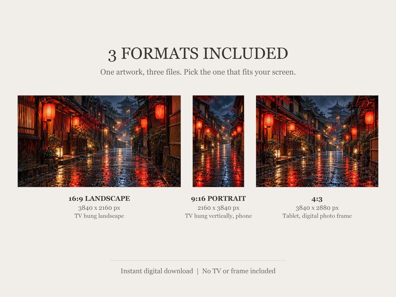 Rainy Kyoto Alley Red Lanterns Frame TV Art, Japanese Wall Art, 4K Digital Download, 3 Formats image 2