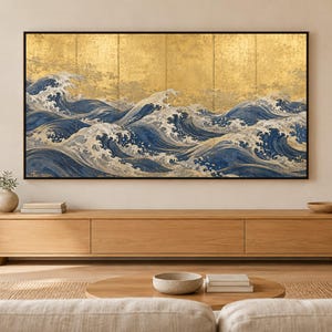 Quadro TV con onde giapponesi su foglia d'oro, download digitale 4K (3 formati) immagine 1