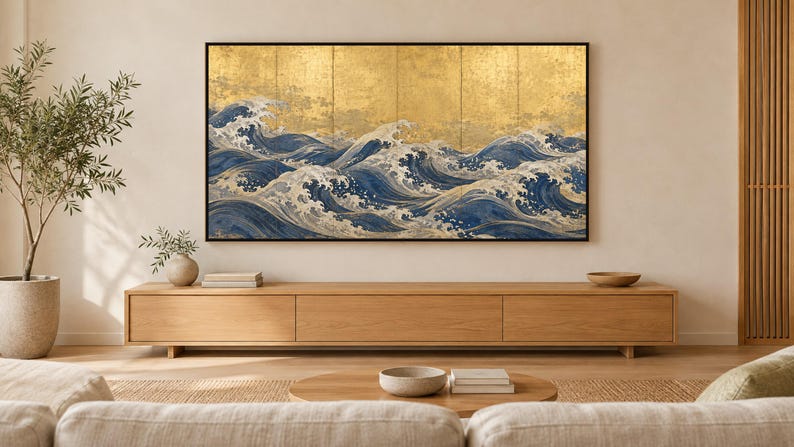 Quadro TV con onde giapponesi su foglia d'oro, download digitale 4K (3 formati) immagine 1