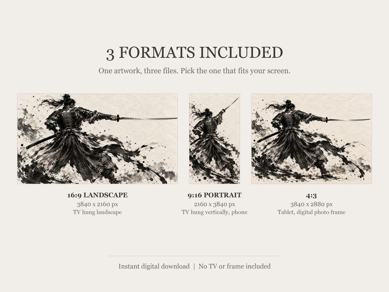 Samurai Drawing Sword Sumi-e Frame TV Art, Japanese Wall Art, 4K Digital Download, 3 Formats image 2