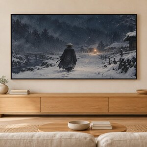 Samurai Snow Night Art, Japanese Winter Scene, 4K Digital Download (3 Formats) image 1