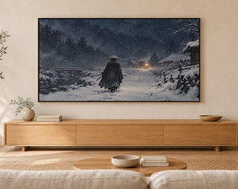 Samurai Snow Night Art, Japanese Winter Scene, 4K Digital Download (3 Formats)