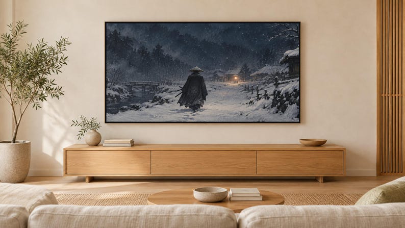 Samurai Snow Night Art, Japanese Winter Scene, 4K Digital Download (3 Formats) image 1