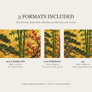 Pine, Bamboo and Plum on Gold Frame TV Art, Japanese Wall Decor, 4K Digital Download (3 Formats) image 2