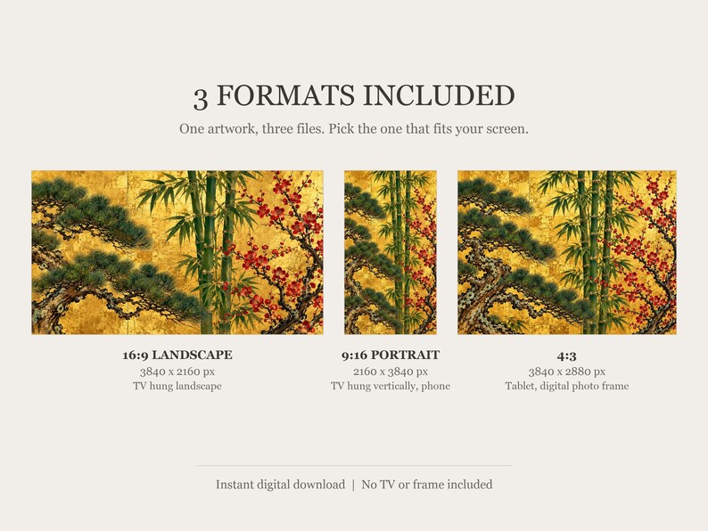 Pine, Bamboo and Plum on Gold Frame TV Art, Japanese Wall Decor, 4K Digital Download (3 Formats) image 2