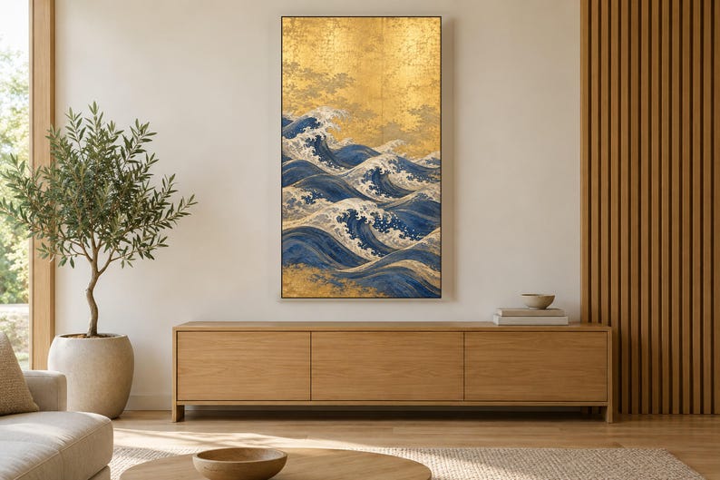 Quadro TV con onde giapponesi su foglia d'oro, download digitale 4K (3 formati) immagine 3
