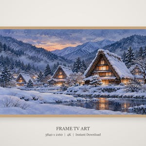 Cuadro decorativo nocturno con imagen de un pueblo nevado con techo de paja, arte mural japonés, descarga digital 4K, 3 formatos. imagen 4