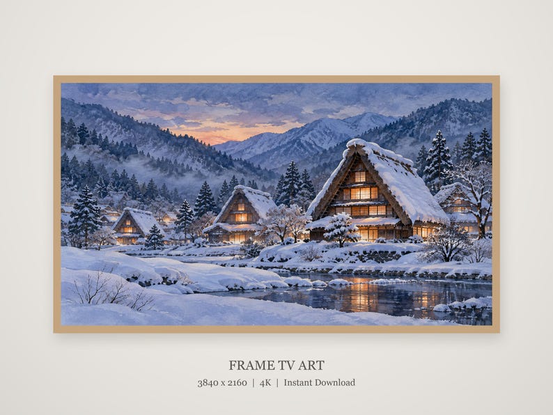 Cuadro decorativo nocturno con imagen de un pueblo nevado con techo de paja, arte mural japonés, descarga digital 4K, 3 formatos. imagen 4