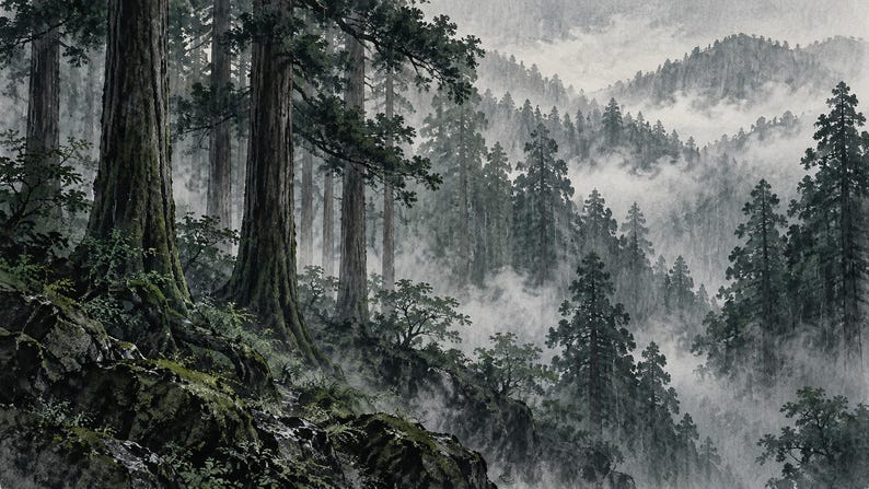 Moody Cedar Forest in Rain Frame TV Art, Japanese Wall Decor, 4K Digital Download (3 Formats) image 6