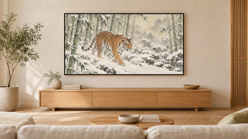 Tiger in Snowy Bamboo, Japanese Edo Style TV Art (4K Digital Download) image 1