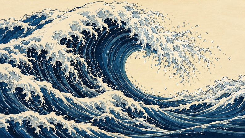 Arte para televisión Indigo Wave, estilo grabado japonés en madera, descarga digital 4K. imagen 6