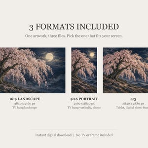 Quadro para TV com moldura de cerejeira chorona à noite e lua, arte de parede japonesa, download digital em 4K, 3 formatos. imagem 2