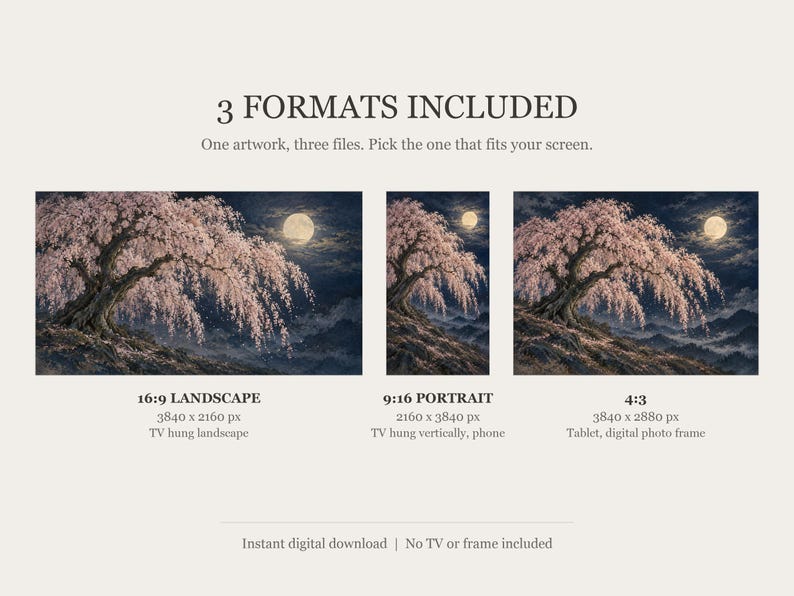 Quadro para TV com moldura de cerejeira chorona à noite e lua, arte de parede japonesa, download digital em 4K, 3 formatos. imagem 2