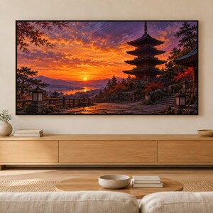 Pagoda de cinco pisos al atardecer. Marco para TV, arte mural japonés, descarga digital 4K, 3 formatos. imagen 1