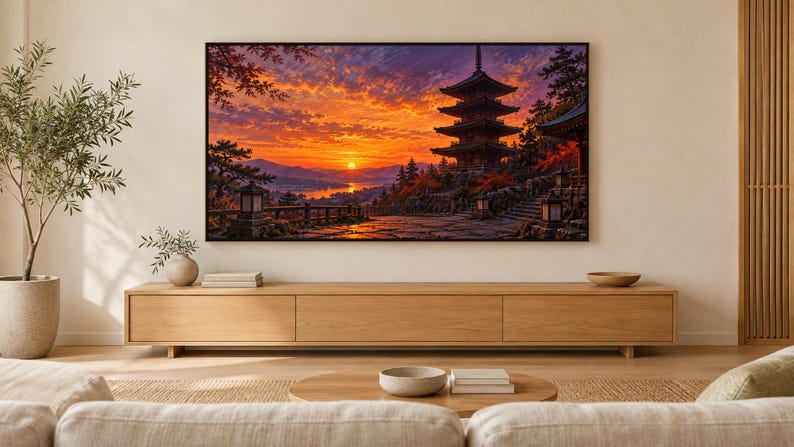 Pagoda de cinco pisos al atardecer. Marco para TV, arte mural japonés, descarga digital 4K, 3 formatos. imagen 1