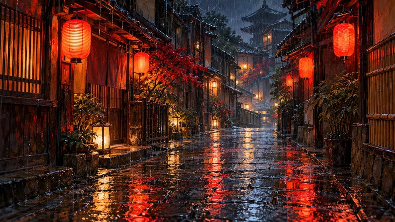 Rainy Kyoto Alley Red Lanterns Frame TV Art, Japanese Wall Art, 4K Digital Download, 3 Formats image 6