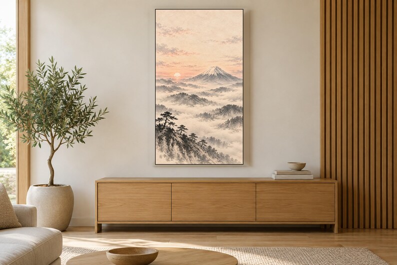 Rambild på TV-konst med berget Fuji i morgondimman, japansk zen-väggkonst, digital nedladdning i 4K, 3 format bild 3