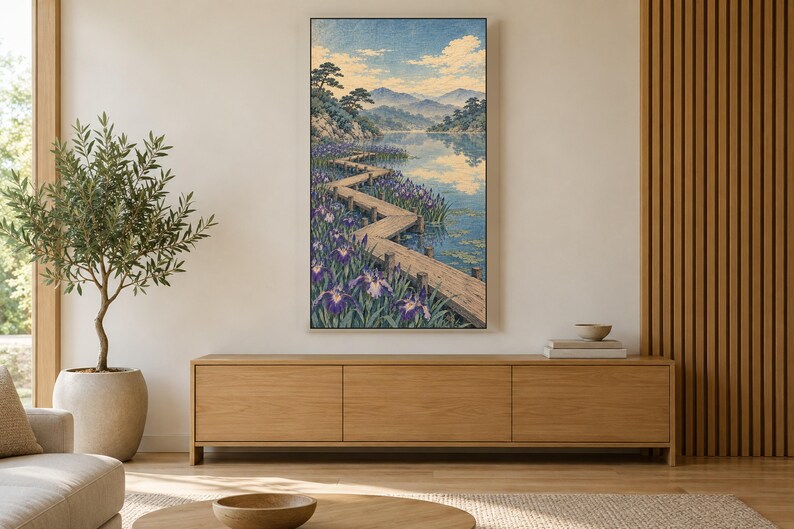 Cuadro decorativo de TV con marco de madera estilo jardín de lirios vintage, decoración de pared japonesa, descarga digital 4K (3 formatos) imagen 3