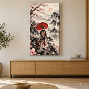 Geisha met paraplu van achteren gezien, ingelijste tv-kunst, Japanse muurdecoratie, 4K digitale download, 3 formaten afbeelding 3