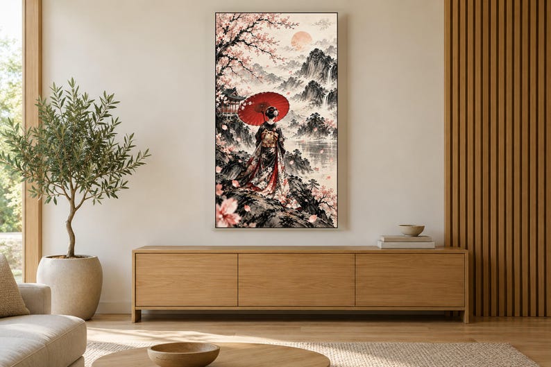 Geisha met paraplu van achteren gezien, ingelijste tv-kunst, Japanse muurdecoratie, 4K digitale download, 3 formaten afbeelding 3