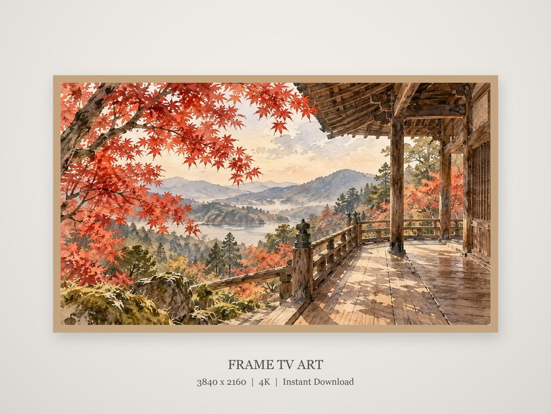 Höstlönntempel Kyoto Ram TV-konst, japansk väggkonst, 4K digital nedladdning, 3 format bild 4