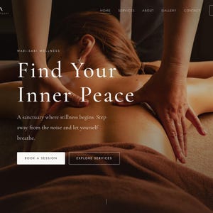 May include: A website interface for Zen Spa Wellness & Sanctuary featuring a massage scene with text overlays including Find Your Inner Peace, A sanctuary where stillness begins, Step away from the noise and let yourself breathe, and buttons.