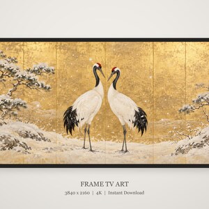 Een paar roodkroon-kraanvogels in een sneeuwlijst, tv-kunst, Japanse muurdecoratie, 4K digitale download, 3 formaten afbeelding 5