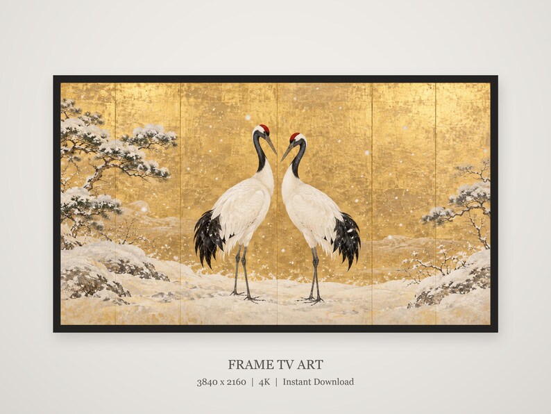 Een paar roodkroon-kraanvogels in een sneeuwlijst, tv-kunst, Japanse muurdecoratie, 4K digitale download, 3 formaten afbeelding 5